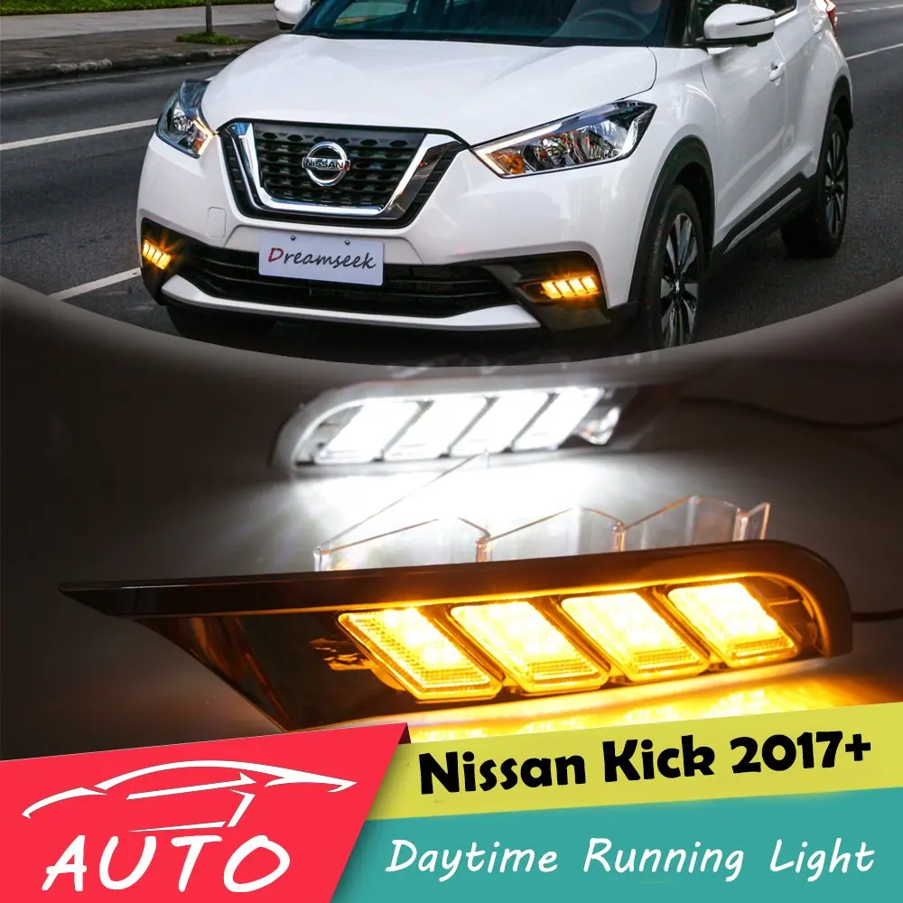 DRL Для Nissan Kicks светодиодный автомобильный дневной ходовой свет водонепроницаемый для вождения противотуманный дневной фонарь с поворотным сигналом - Цвет: White and Yellow