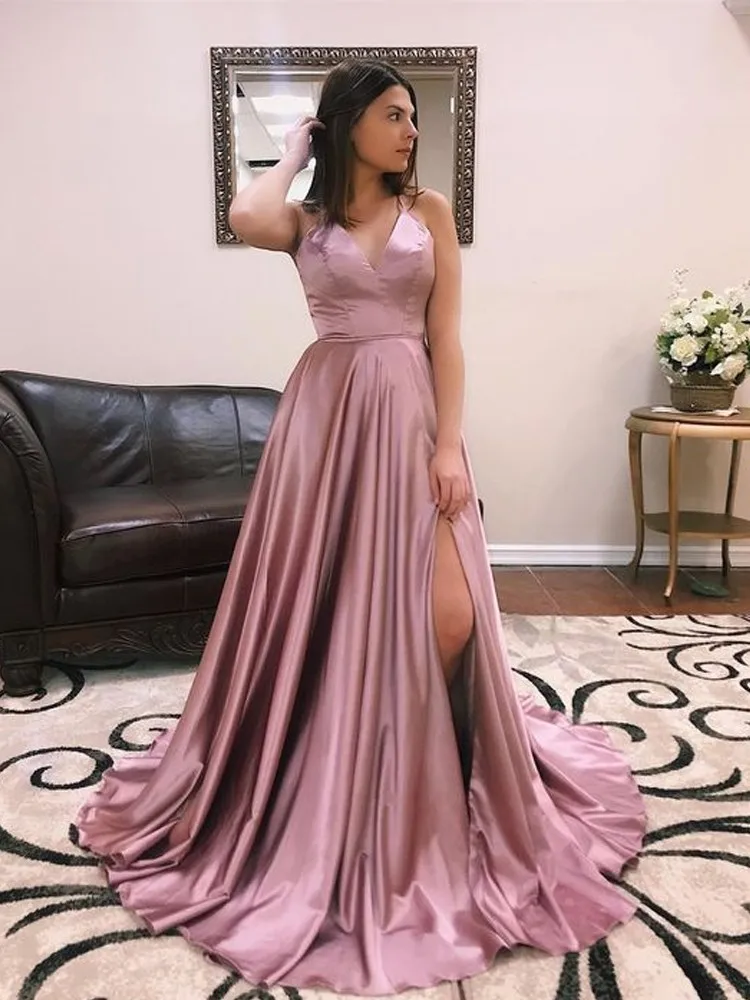 Blush Pink Evening Dresses 2019 V Neck A Line Satin Slit Backless Elegant Long Formal Evening
