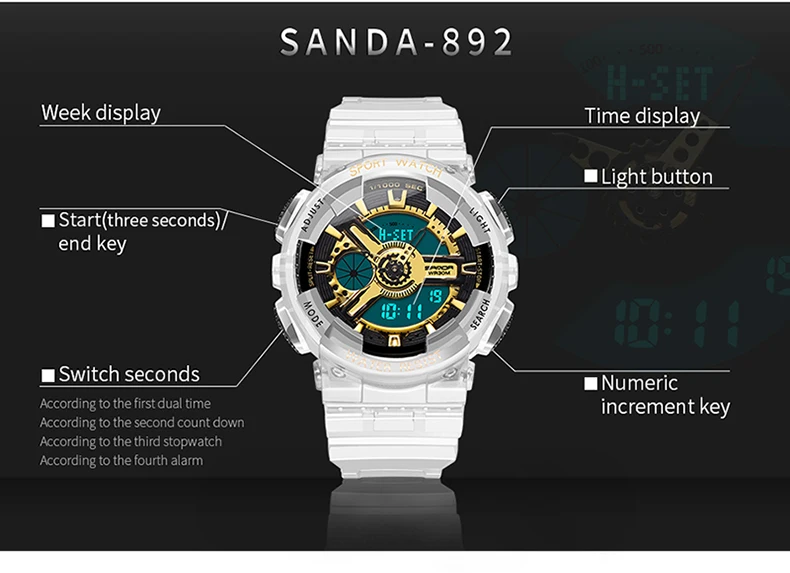 SANDA Брендовые мужские спортивные часы светодиодный цифровые часы мужские и женские водонепроницаемые повседневные кварцевые парные часы мужские часы