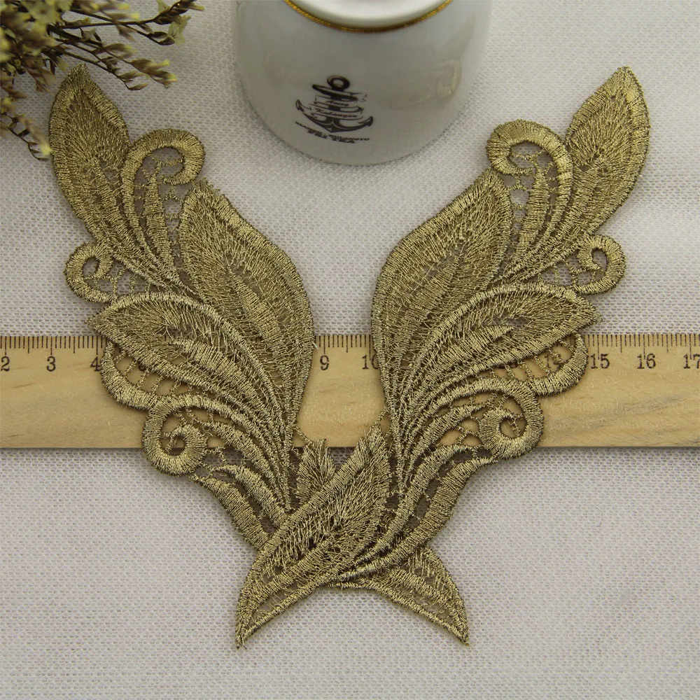 

CHICKNIT 2 mirror pair gold lace Embroidery applique accessories DIY guipure lace fabric patch JA26