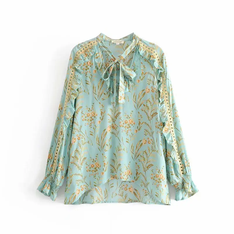 

CS832 Fresh Green Color Sleeve Hollow Out Ruffles Deco Bow Knot Deco Floral Print Shirt Blouse Tops
