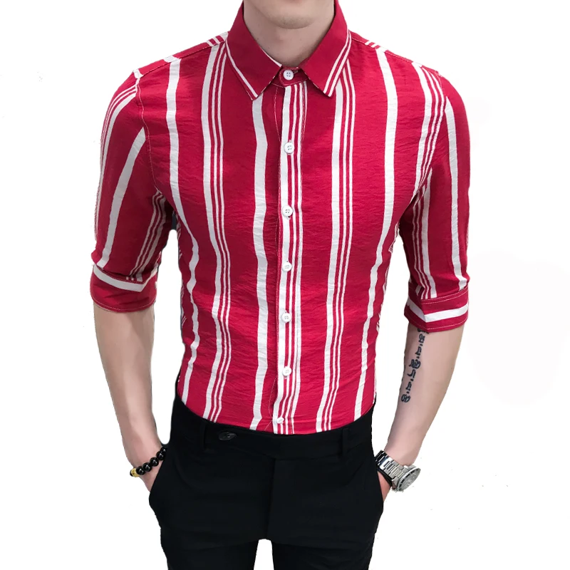 

LOLDEAL Summer Red Wide Stripe Shirt Half Sleeve Dress Shirt Male