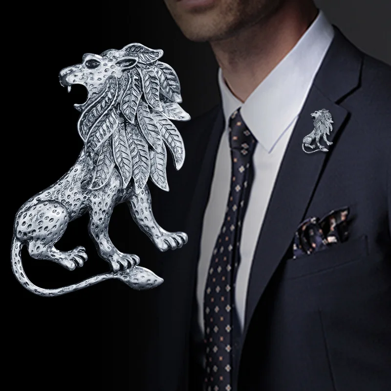 

i-Remiel Fashion New Animal Brooch Pin High-grade Personality Antique Gold Silver Lion Brooches for Men Shirt Collar Accessories