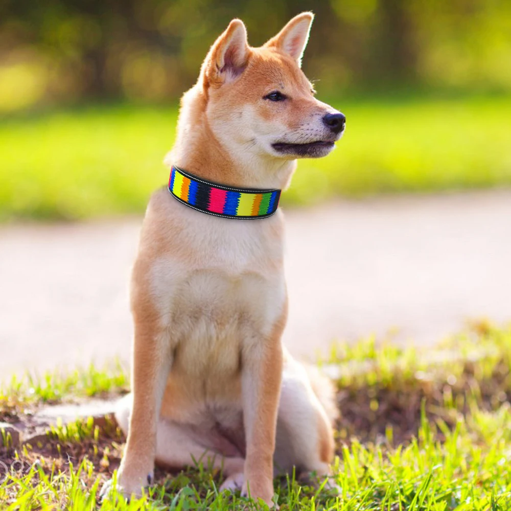 Strap - Nylon Dog Collar Reflective Pet Dogs Collars Breathable Padded Striped Pitbull German Shepherd Medium Large Dogs Collar S M L