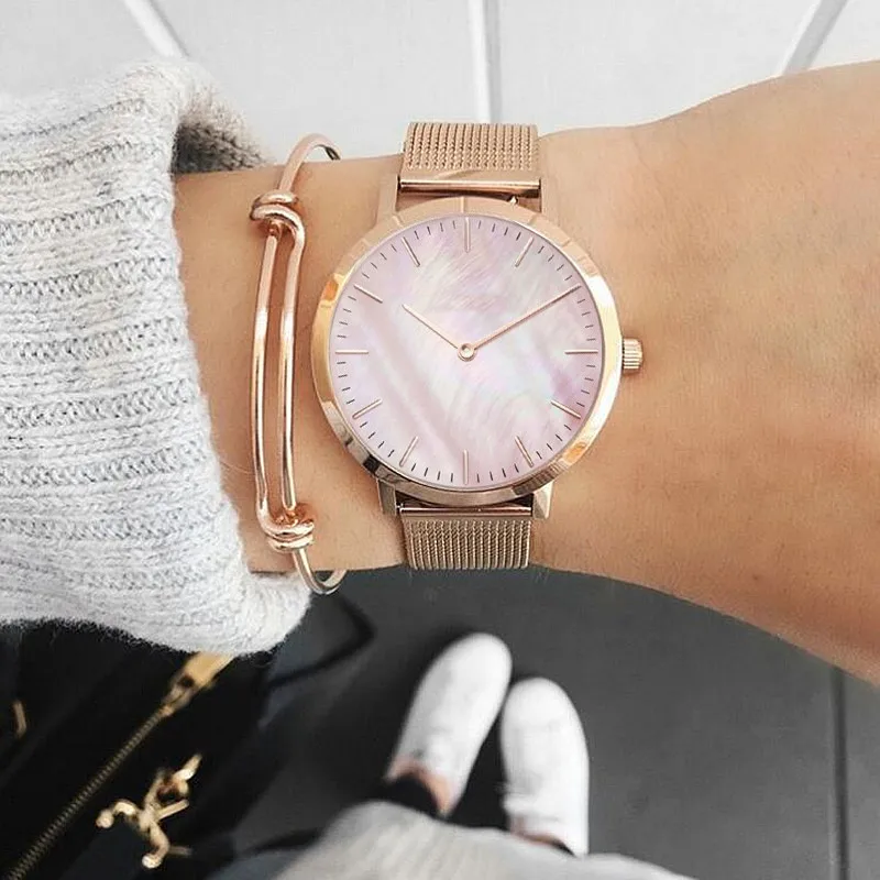 Mavis Hare Лидер продаж розовое золото Регулируемый браслет с Белый& Розовый& Черная ракушка наручные часы для женщин сетки часы как подарок - Окраска металла: SET 4