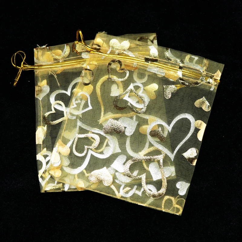 

20*30cm Gold Organza Bags Hearts Design Jewelry Cosmetics Packaging Bags Wedding Favor Gift Bags Bolsas De Organza 100pcs/lot