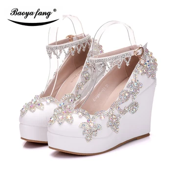 

BaoYaFang New Wedges Women crystal wedding shoes Bride high heels platform shoes woman ankle strap Ladies Pumps AB crystal