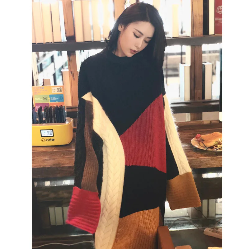 

Vintage Patchwork Midi Sweater Dress 2018 Winter Irregular Hit Colors O-neck Sweater Dress Female Casual Long Sleeve Dress Knit