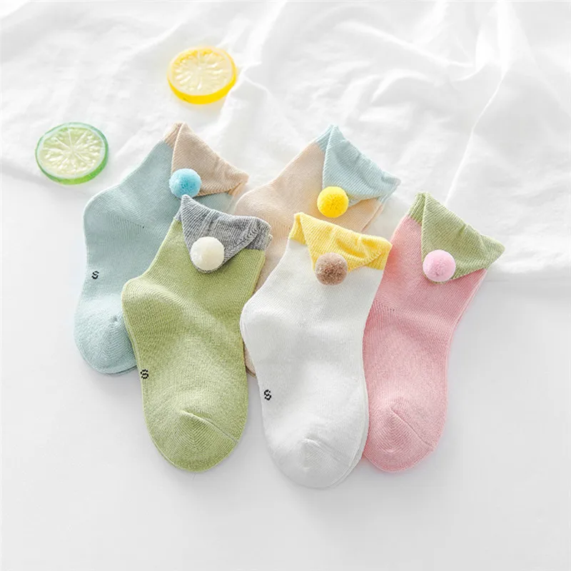 5 пар, цветные детские хлопковые носки с помпонами, вязаные носки с помпонами для девочек, хлопковые детские носки для малышей