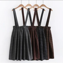 Зимний шерстяной сарафан в клетку в японском стиле для школьниц; юбка с эластичной резинкой на талии; Цвет Кофейный, серый