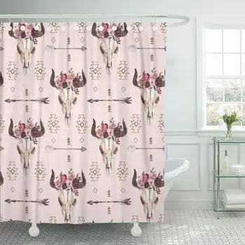 

Shower Curtain with Hooks Watercolor Boho of Arrows Bull Skull with Horns Floral Arrangement on Pink Native Decorative Bathroom