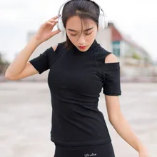 С открытыми плечами спортивные Фитнес Топ Для женщин платье с вырезом на спинке для зала, занятий йогой, футболка с высоким воротом, Спортивная, с коротким рукавом спортивные топы