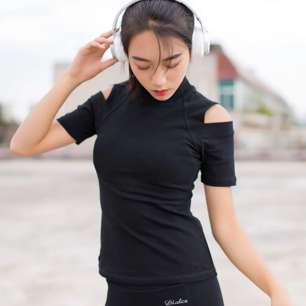 Off shoulder Sport Fitness Top Women Backless Hollow Out Gym Yoga T