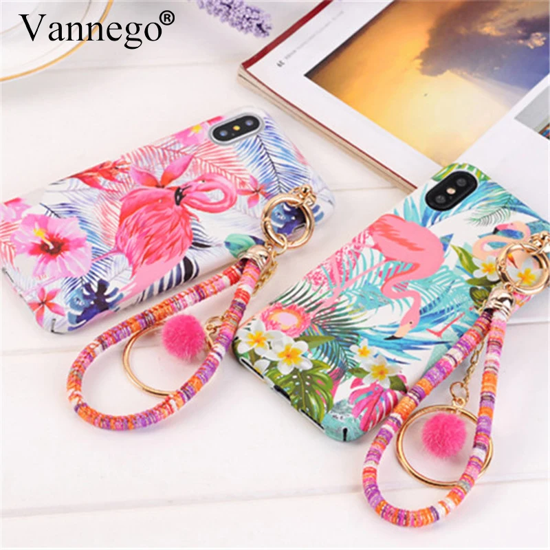 

Vannego Phone Case For iphone X 7 8 7 Plus 8 Plus 6 6 Plus 6S Plus Flamingo Flower Leaves hand strap PC Phone Case Cover coqu