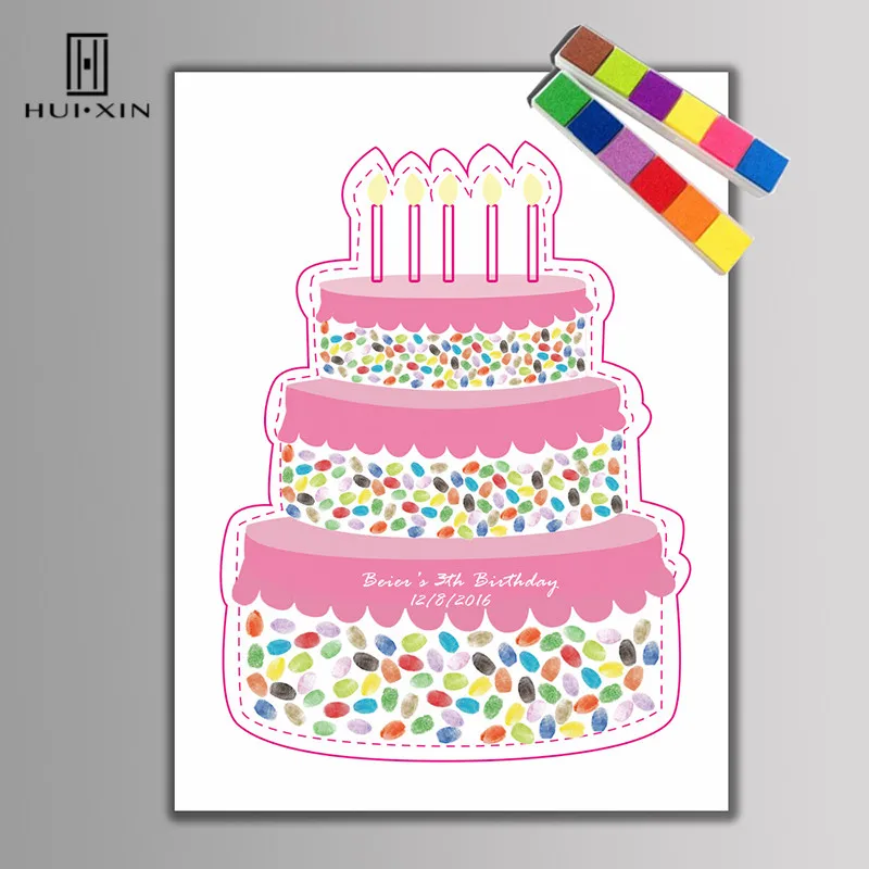 

Creative Pink Birthday Multi-layer Cake Painitngs Canvas Fingerprint DIY Guest Book For Kids Baptism Birthday Party Decoration