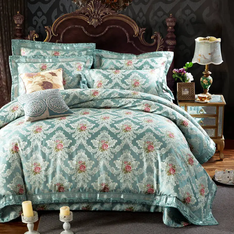 

silk cotton Quilted Bedspread King Size Jacquard Embroidery wedding Bedding Set girl satin duvet cover 4/5pc bed clothes chinese