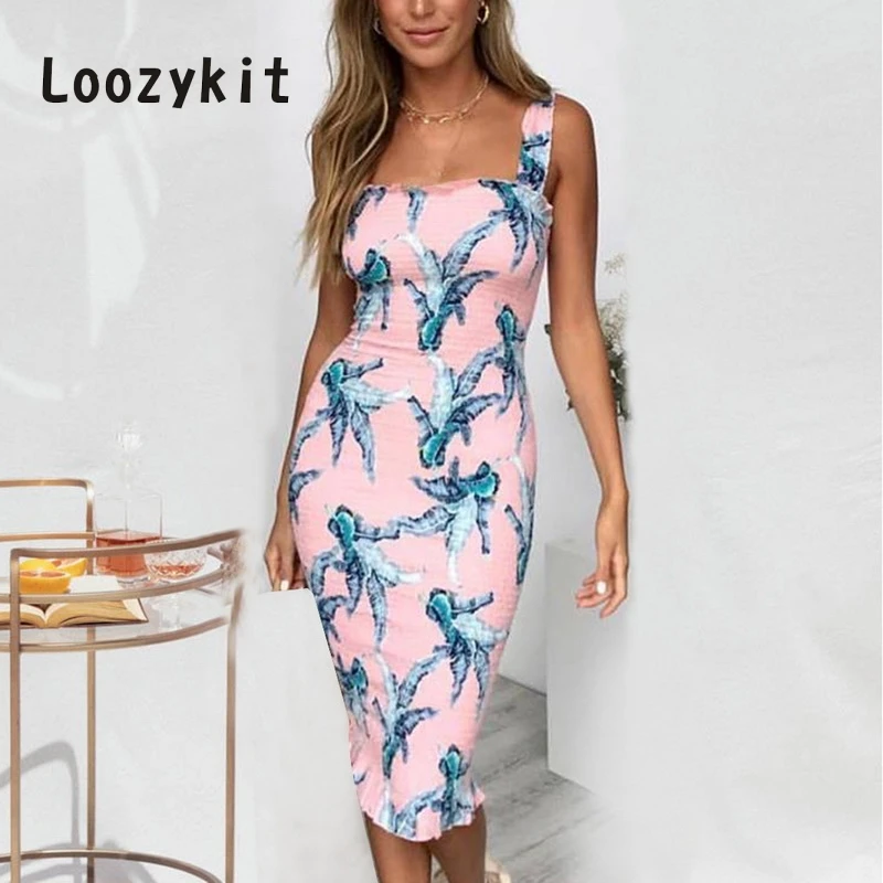 

LOOZYKIT Summer Flower Printing Dresses Women Strap Dress Elegant High Waist Vestidos Knee Length robe femme