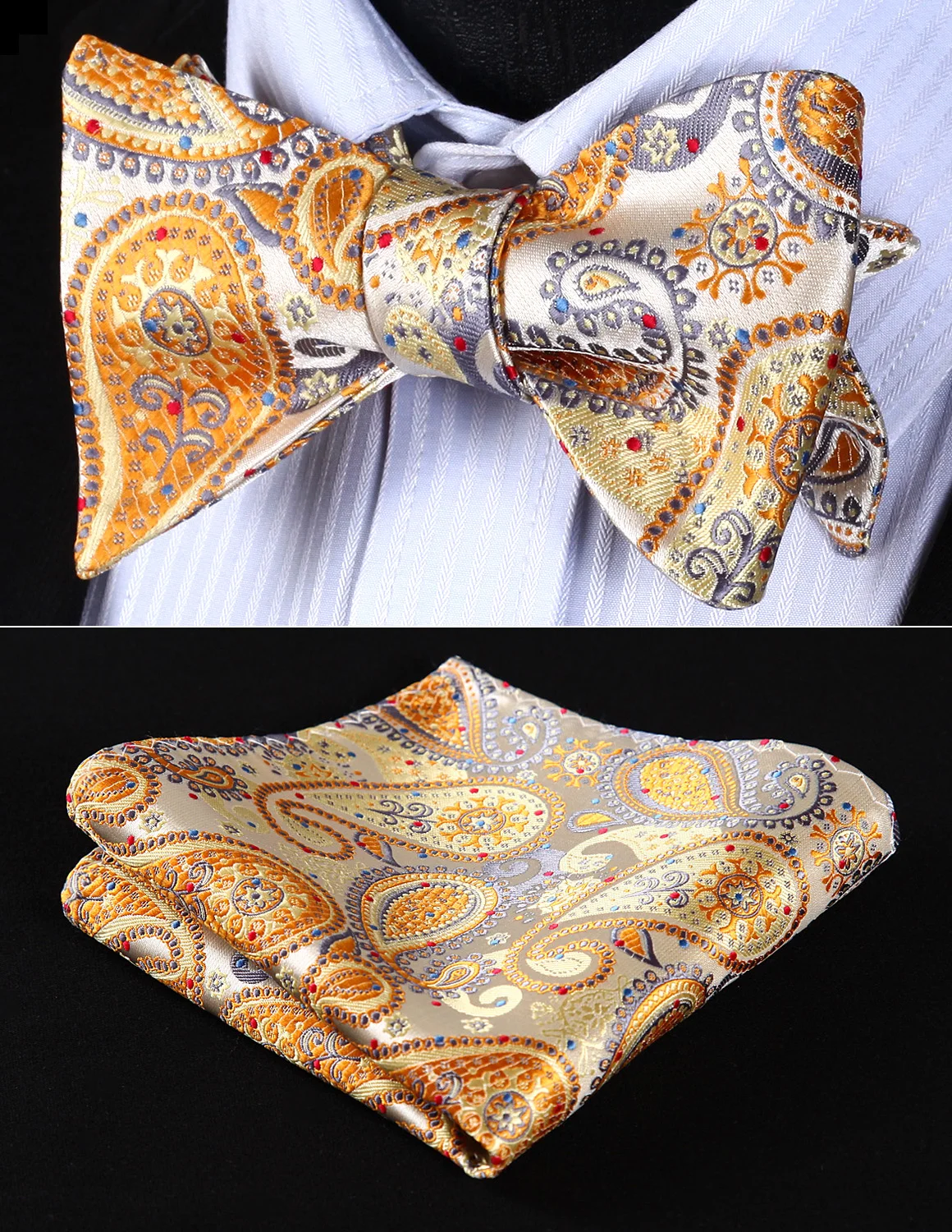 BP706YS Yellow Gray Paisley Bowtie Men Silk Self Bow Tie handkerchief