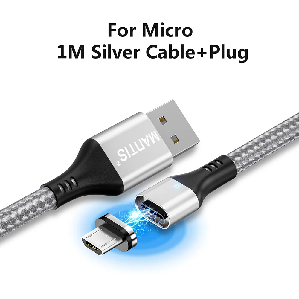 Магнитный зарядный Micro USB кабель MANTIS 3A для samsung Galaxy s7 j7 j5, магнитный кабель для быстрой зарядки Xiaomi Redmi 4X Note 4 5 - Цвет: SilverMicro