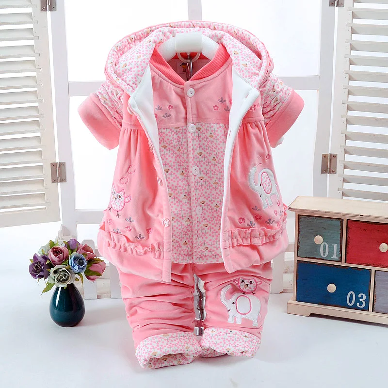 New Autumn & Winter Cute Baby Girl Clothes Set Add Cotton-Padded Warm 0-1-2 Years Newborn Infant Baby 3Pcs/Set Walking Dress