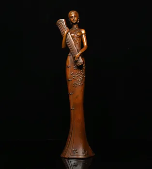 

christmas Chinese Collection Boxwood wood Carve hold Qin beautiful woman goddess Statue halloween
