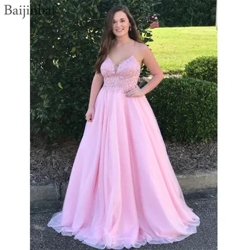 

Baijinbai A-line Prom Dresses Long Tulle Spaghetti Straps Appliques Backless Vestidos De Fiesta Pink Sleeveless Evening Dress