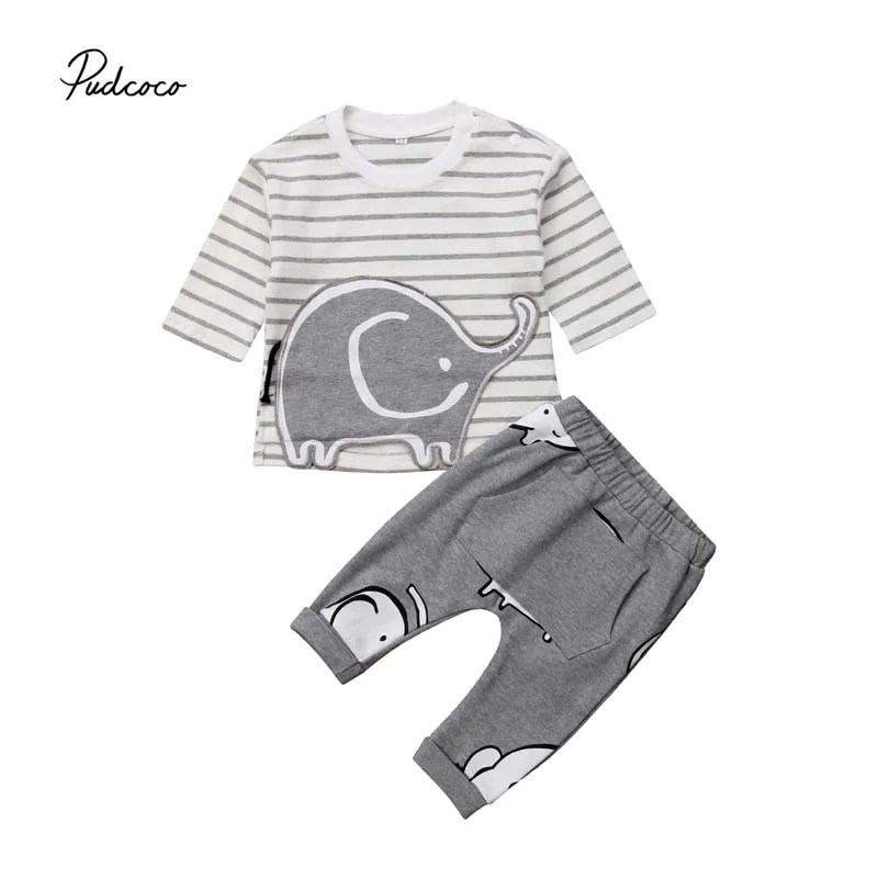Pudcoco 2018 Newborn Baby Girl Boy Clothes Set Winter Coat Elephant Stripe Tops+Long Pants Outfits Autumn Casual 2pcs 0-18M