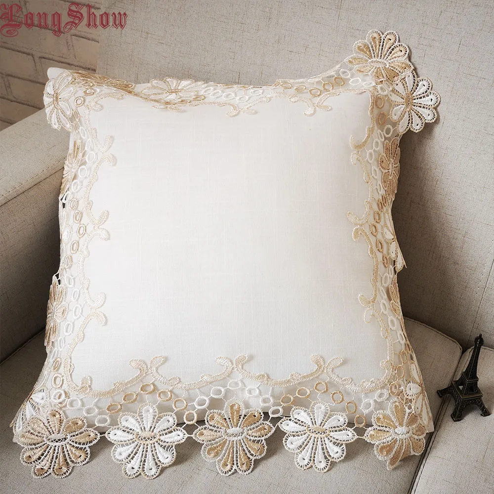 

45x45cm Square Home Decorative Whtie Colour Thick Polyester Linen Pillow Case With Round Flowers Lace