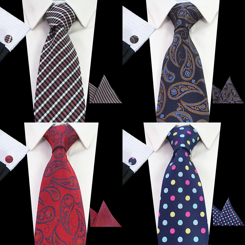 

RBOCOTT New Fashion Tie Blue Paisley & Floral Necktie Men's 8cm Tie Hanky Cufflinks Set Plaid & Dot Red Wedding Neck Ties Brown