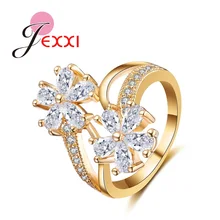 JEXXI Gorgeous Women Finger Jewelry Fashion Two Clear Crystal Flowers Luxury  Gold Quality New Arrival Lady Wedding Rings