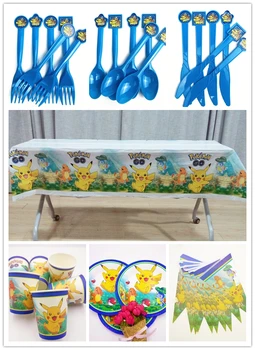 

52pcs/set Pikachu GO Kid Birthday Party Supplies Decoration Tablecloth Paper Cup Plates Fork Spoon Flag Disposable Tableware