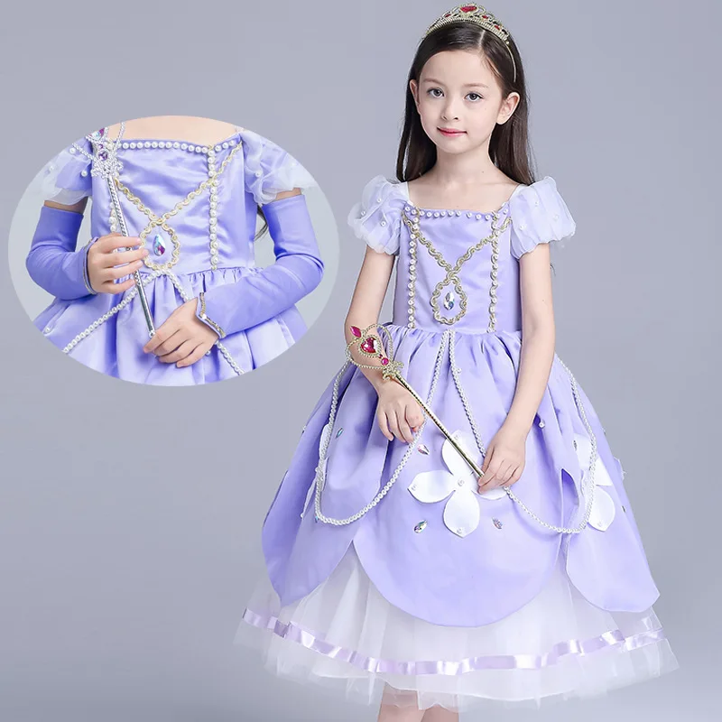 

Girls Dress Princess Sofia Children's Clothing Cosplay Costume Performance Dress with Floral Pearl Decor High Quality Kid Dress