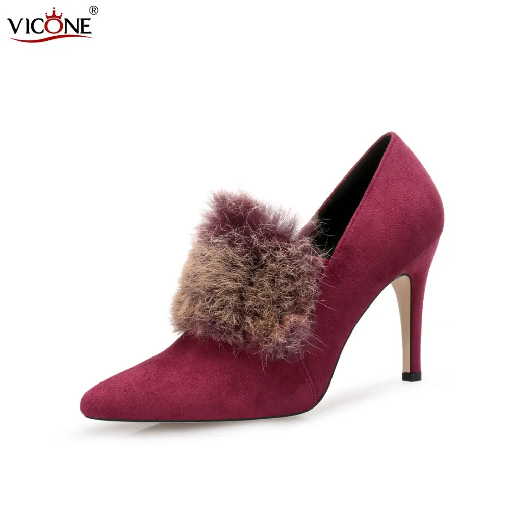 

VICONE Women Winter Flock Pointed Toe Fur Party Mature Fashion Heels V10133