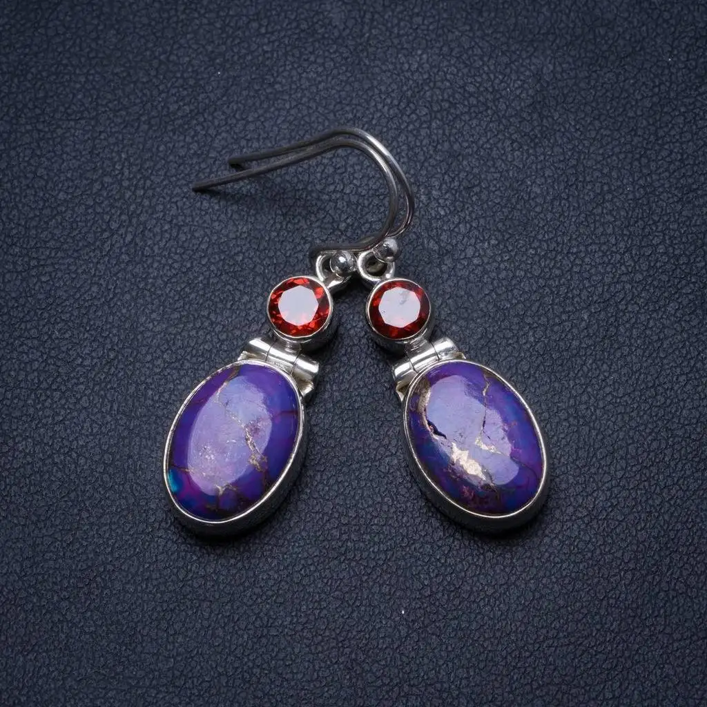 

Natural Turquoise and Garnet Handmade Unique 925 Sterling Silver Earrings 1.5" X3453