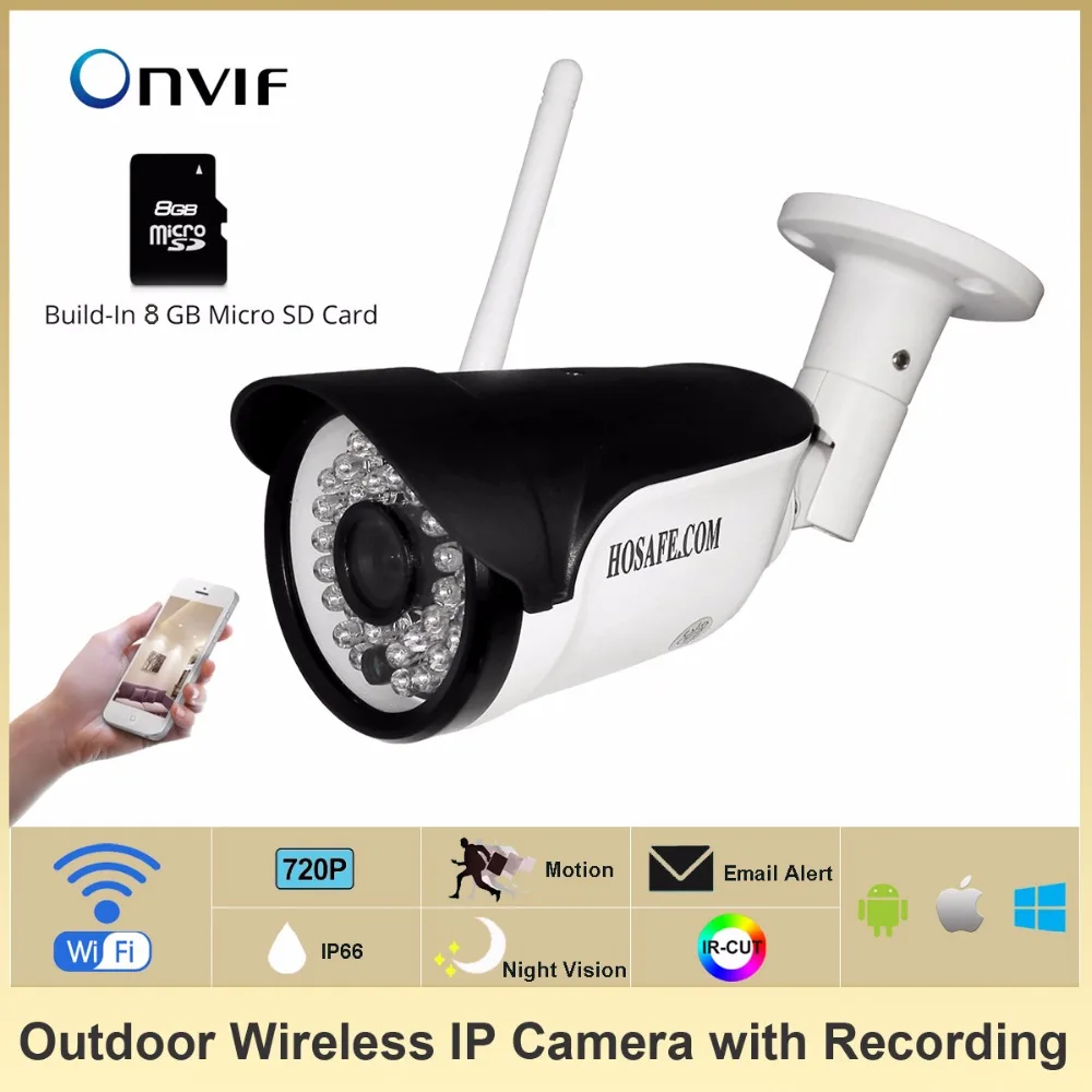 HOSAFE 720P Wireless Bullet IP Camera Outdoor ONVIF 8G Micro SD Card Waterproof/Wheatherproof