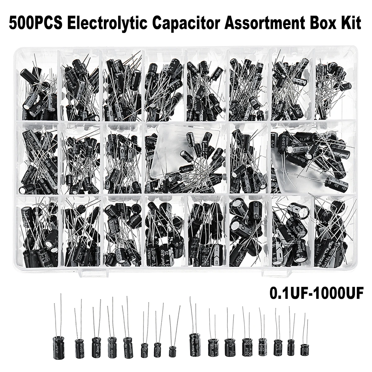 500 шт. электролитический комплект конденсаторов с Ассортимент Box 0,1 мкФ-1000 мкФ 24 значения 16 V-с алюминиевой крышкой, 50В Алюминий пассивный Компоненты питания