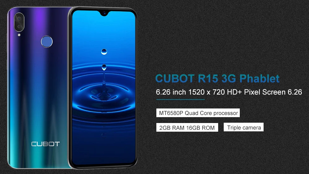 Cubot R15 Android 9,0, 2 ГБ, 16 ГБ, четырехъядерный смартфон MT6580P, 6,26 дюйма, 19:9 экран с защитой от воды, отпечаток пальца, двойная камера заднего вида, 3000 мАч