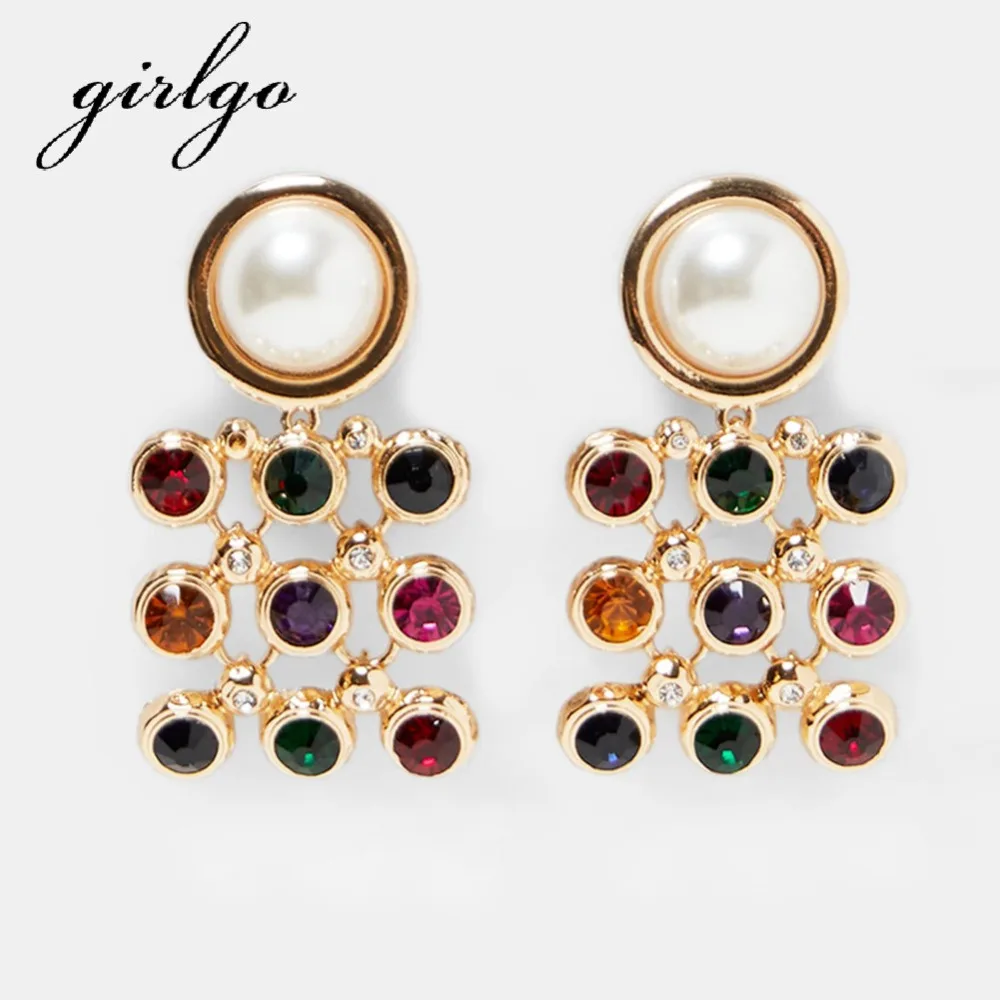 

Girlgo ZA Colorful Crystal Square Drop Earrings For Women Luxury Simulated Pearl Statement Earrings Maxi Combined Brinco Jewelry
