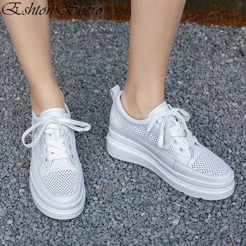 

EshtonShero Women's Shoes Woman Pumps Cow Leather Wedge High Heels Round Toe Lace Up Basic Classic Ladies Wedding Shoes Size 3-9