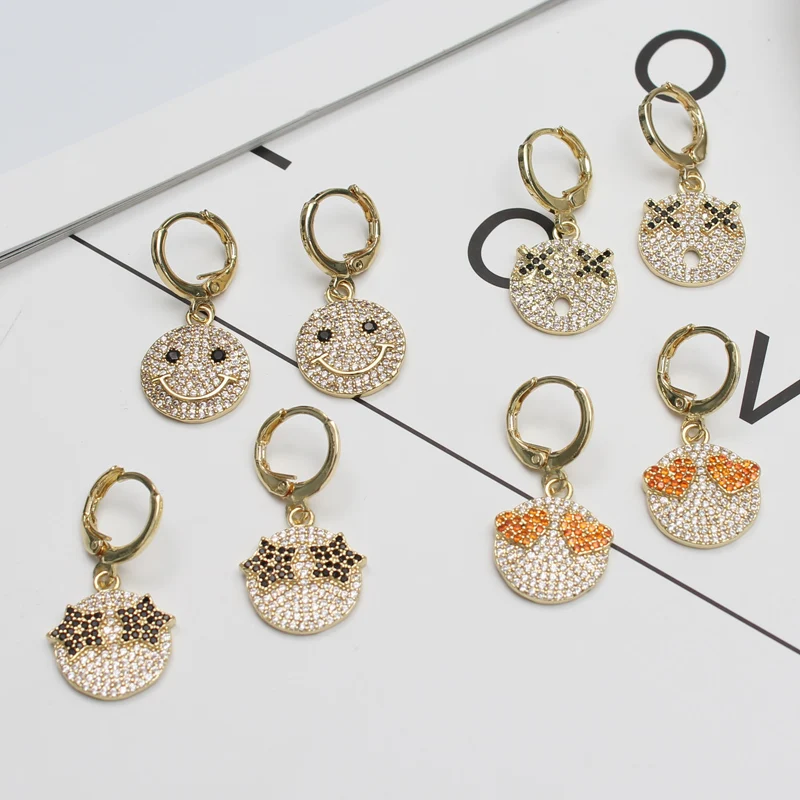

2019 New Gold Color Face Expression Dangle Earrings For Women Fashion CZ Zircon Smile Face Earrings Jewelry Gift For Kids