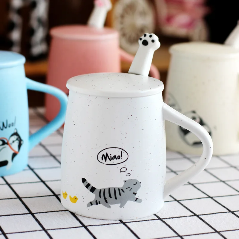 

Cute Animal Cat Claw Kitty Dog Rabbit Panda Ceramic Coffee Mug with Cover Spoon Creative Cartoon Coffee Cup Breakfast Milk Cup