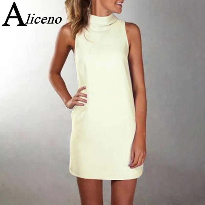 

ALICENO 5XL 2019 Office Lady No Sleeve Turtleneck Women Mini Dress Solid Colors A-Line dresses 6colors Plus Size H19042801
