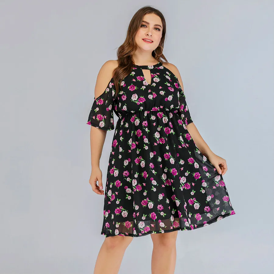 

XL-5XL Plus size 2019 Summer Women Floral Printed Dress Large size Casual Chiffon Off Shoulder Dress Boho Beach Holiday Vestidos