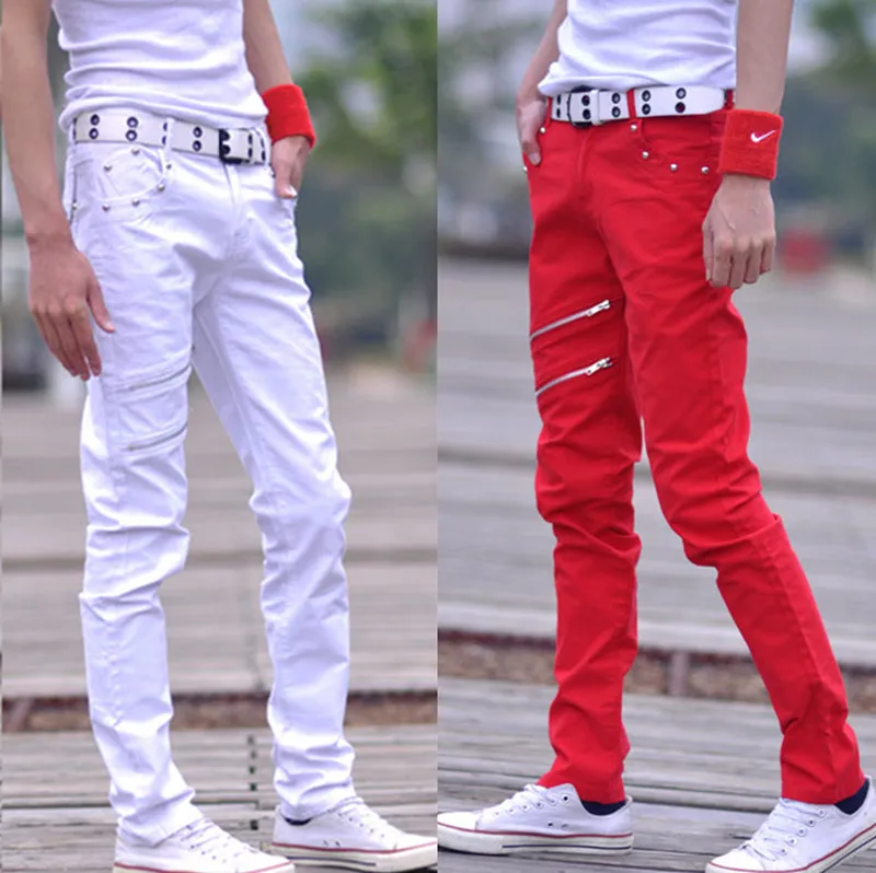 

2016 Male Casual Spring Summer Men's Casual Pants Slim Youth Fashion Low Waist Straight Skinny Trousers Color White Red Black