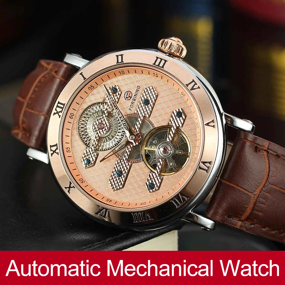 Forsining Men's High end Brand Automatic Self winding Genuine Leather