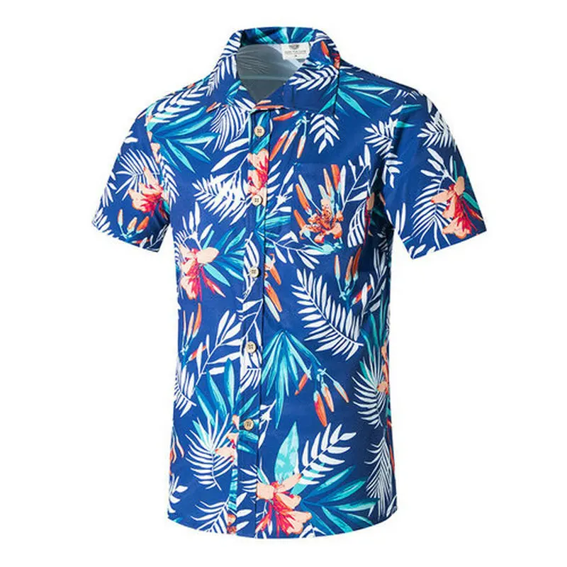 Мужская рубашка с коротким рукавом пляжный летний стиль с принтом листьев Мужская Повседневная пляжная гавайская рубашка Camisa Hombre летний топ M-5XL - Цвет: Синий