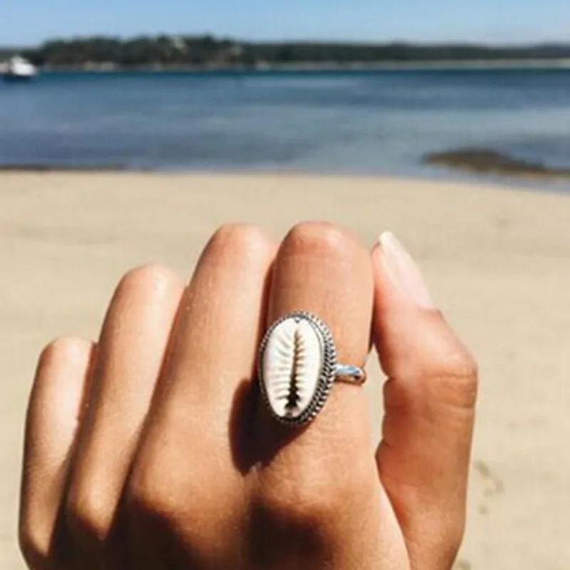 

Boho Nature Cowrie Shell Ring handmade silver Band Rings Jewelry Gift