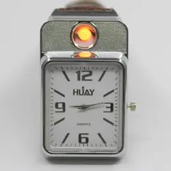 Продвижение цена! Модные мужские часы USB аккумуляторная Ветрозащитный Непламено прикуривателя часы Дата часы Кварцевые наручные часы