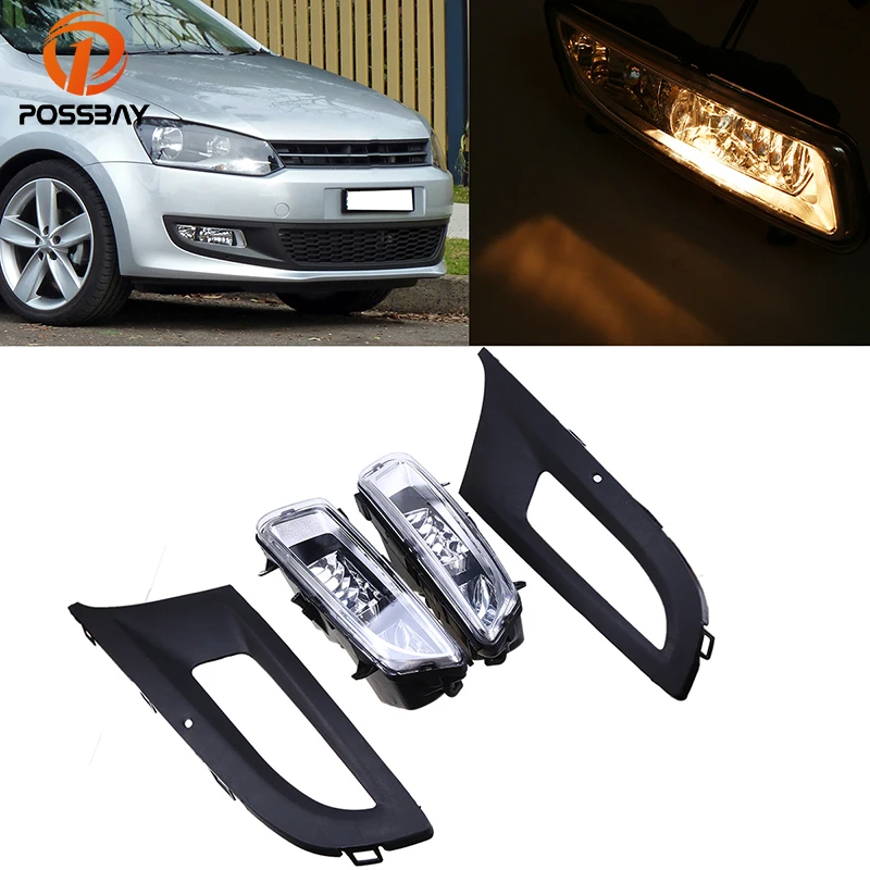 

POSSBAY Front Lower Bumper Fog Lights Assembly+Fog Light Grille Cover for VW Polo MK5 6R/6C 2009 2010 2011 2012 2013 Facelift