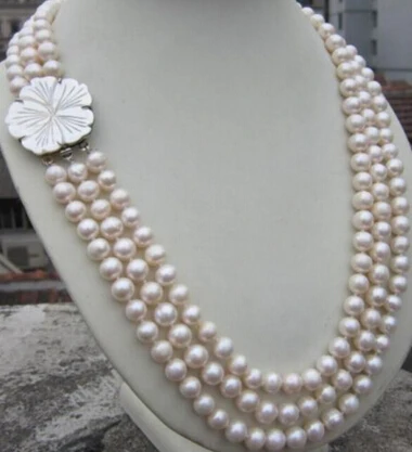 

choker keshi 925 Ms. real natural big 3 ROW 8-9MM Akoya white Genuine freshwater Pearl Necklace 18-20” longernoble lady's